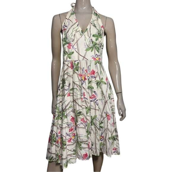 Hell Bunny L Cream Bamboo Floral Print Rockabilly Pinup Swing Vintage Dress - Picture 3 of 13